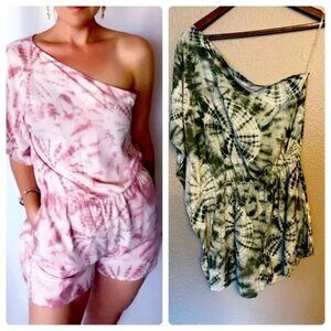 NWOT – “KLD” GREEN / WHITE TYE-DYE ONE SHOULDER ROMPER – MEDIUM